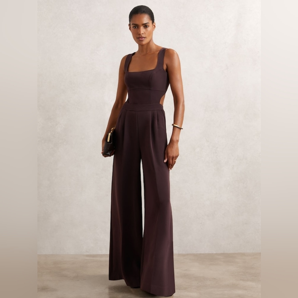 Reiss Dion$420Wide-Leg Cut-Out Jumpsuit .S Burgundy PETITE